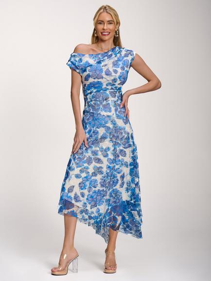 Jolie Moi Printed Lace Asymmetrical Maxi Dress, Blue, Blue