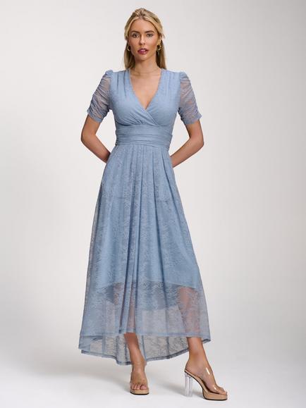 Jolie Moi Ruched Lace Dip Hem Dress, Blue Aura, Blue Aura