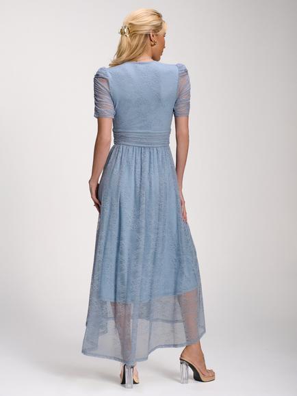 Jolie Moi Ruched Lace Dip Hem Dress, Blue Aura - view 2, Blue Aura