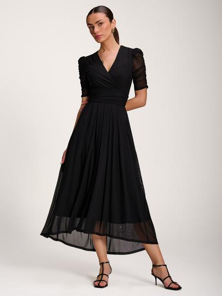 Jolie Moi Ruched Sleeve Dip Hem Maxi Dress, Black, Black
