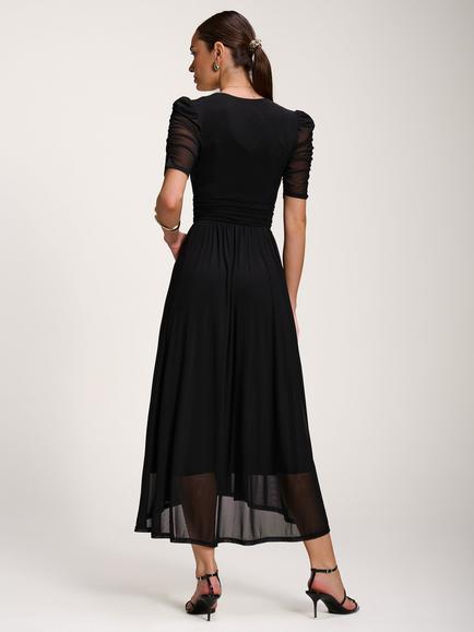 Jolie Moi Ruched Sleeve Dip Hem Maxi Dress, Black - view 2, Black