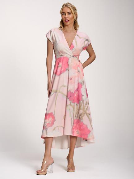 Jolie Moi Scuba Floral Dip Hem Midi Dress, Pink, Pink
