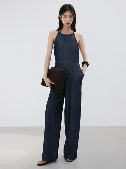 Mango Halterneck Wide Leg Jumpsuit, Soft Blue, Soft Blue