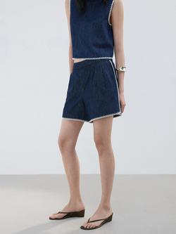 Mango Mid-Rise Scalloped Hem Shorts, Soft Blue, Soft Blue