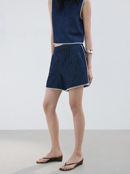 Mango Mid-Rise Scalloped Hem Shorts, Soft Blue, Soft Blue