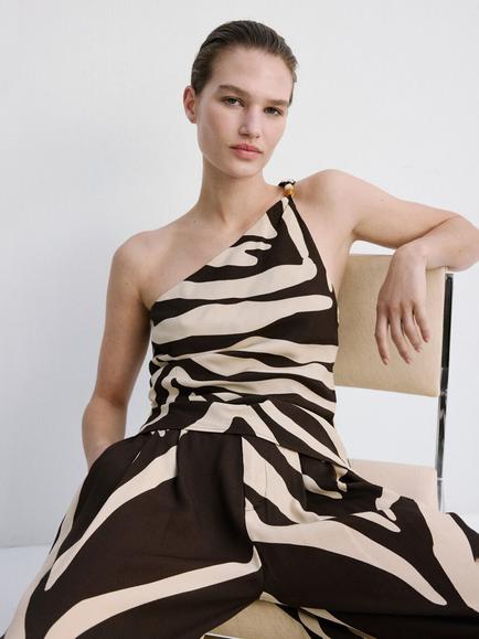 Mango Asymmetric One Shoulder Draped Top, Brown, Brown