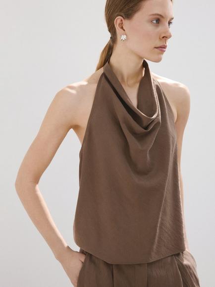 Mango Cowl Neck Draped Halter Top, Brown, Brown
