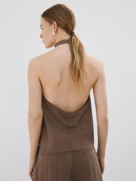 Mango Cowl Neck Draped Halter Top, Brown - view 2, Brown