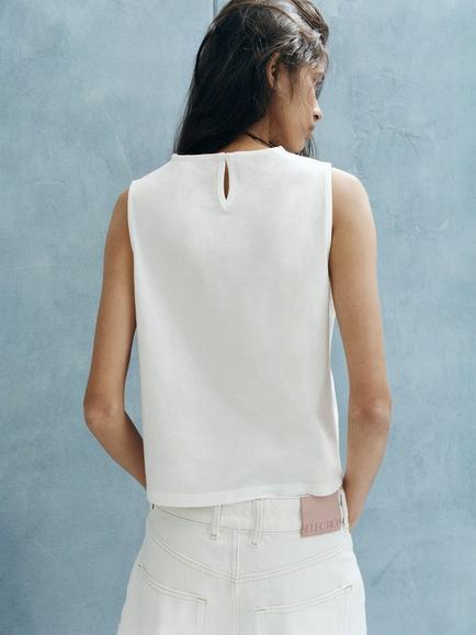 Mango Sleeveless Embroidered Boxy Top, Cream - view 2, Cream