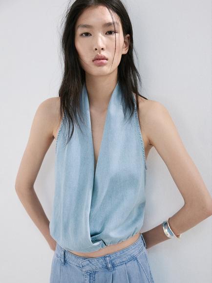 Mango Ibiza Draped Cowl Halter Cropped Top, Light Blue, Light Blue