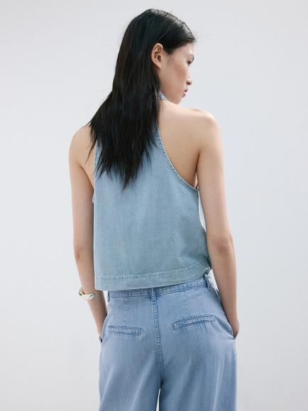 Mango Ibiza Draped Cowl Halter Cropped Top, Light Blue - view 2, Light Blue