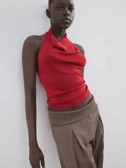 Mango Sculptural Drape Halterneck Knit Top, Red, Red