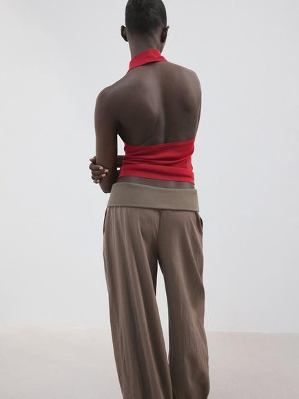 Mango Sculptural Drape Halterneck Knit Top, Red - view 2, Red