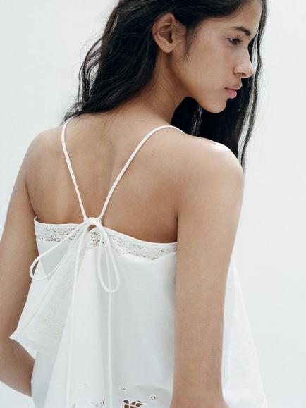 Mango Broderie Cami Top, Cream - view 2, Cream