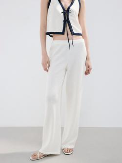 Mango Mid Rise Knit Wide Leg Trousers, Beige, Beige