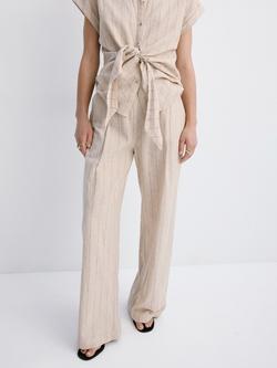Mango Linen Rich Pinstripe Straight Trousers, Brown, Brown