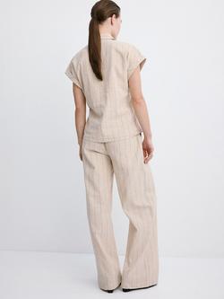 Mango Linen Rich Pinstripe Straight Trousers, Brown - view 2, Brown