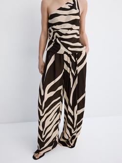 Mango Draped Mid Rise Wide Leg Trousers, Brown, Brown