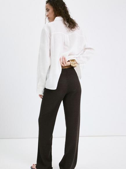 Mango Mid Rise Textured Knit Trousers, Brown - view 2, Brown