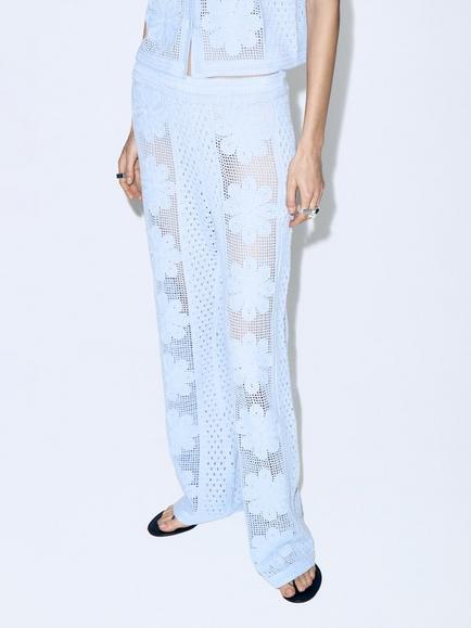 Mango Crochet Wide Leg Trousers, Sky Blue, Sky Blue