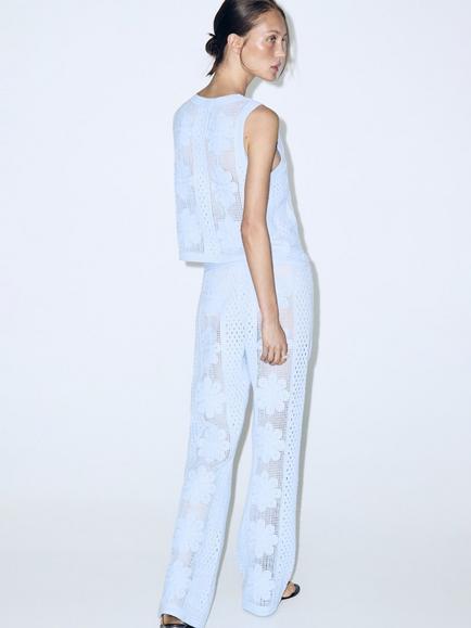 Mango Crochet Wide Leg Trousers, Sky Blue - view 2, Sky Blue