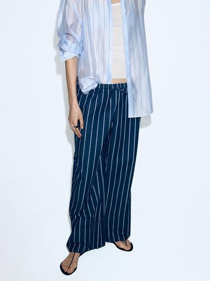 Mango Striped Wide Leg Drawstring Trousers, Soft Blue, Soft Blue