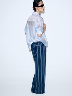 Mango Striped Wide Leg Drawstring Trousers, Soft Blue - view 2, Soft Blue