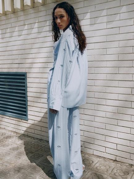 Mango Embellished Relaxed Striped Trousers, Sky Blue - view 2, Sky Blue