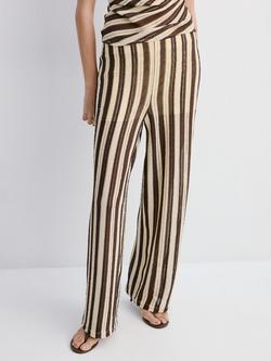 Mango Striped Crochet Wide Leg Trousers, Brown, Brown