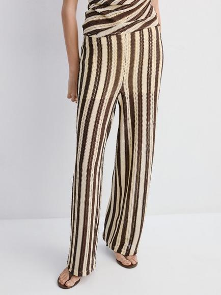 Mango Striped Crochet Wide Leg Trousers, Brown, Brown