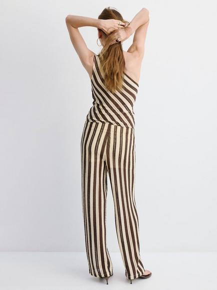 Mango Striped Crochet Wide Leg Trousers, Brown - view 2, Brown