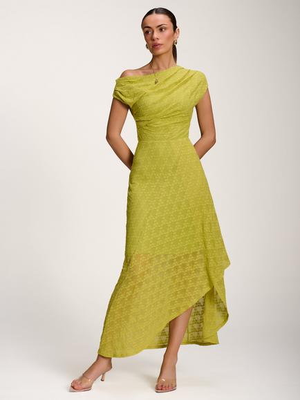 Jolie Moi Draped Lace Asymmetrical Maxi Dress, Lime Green, Lime Green