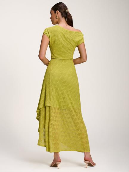 Jolie Moi Draped Lace Asymmetrical Maxi Dress, Lime Green - view 2, Lime Green