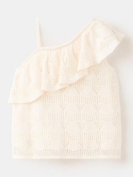 Mango Kids' Asymmetrical Ruffled Neck Sleeveless Top, Off White, Off White