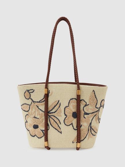 Reiss Rae Twin Handle Floral Tote Bag, Natural, Natural