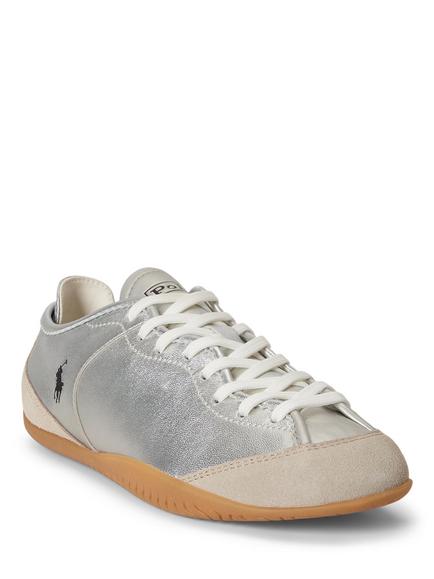 Polo Ralph Lauren Leather Lace Up Trainers, Silver - view 2, Silver