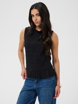 KAFFE Bethany Cotton Smocked Ruffle Neck Top, Black Deep, Black Deep