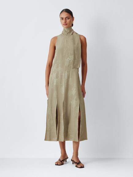 John Lewis Pleated Jacquard High Neck Sleeveless Midi Dress, Ivory, Ivory