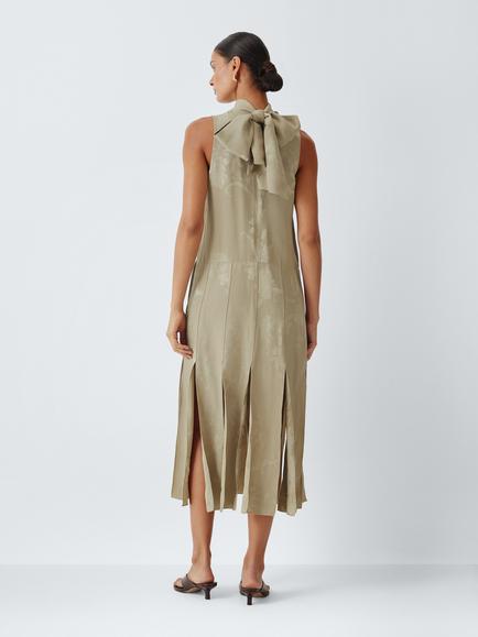 John Lewis Pleated Jacquard High Neck Sleeveless Midi Dress, Ivory - view 2, Ivory