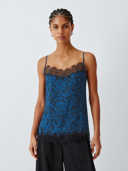 John Lewis Pure Silk Lace Trim Leopard Print Cami Top, Teal, Teal