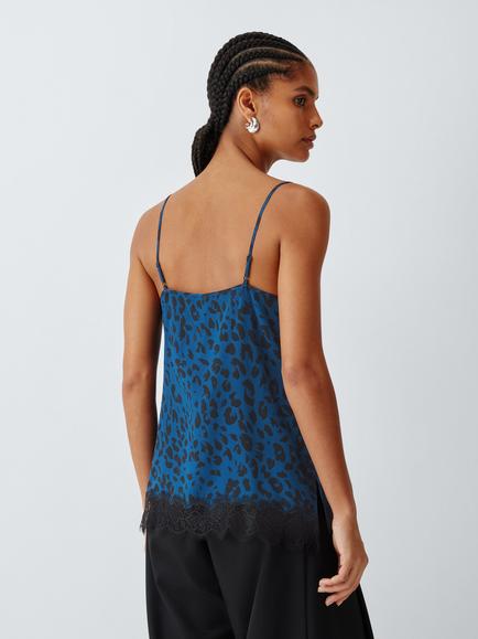 John Lewis Pure Silk Lace Trim Leopard Print Cami Top, Teal - view 2, Teal