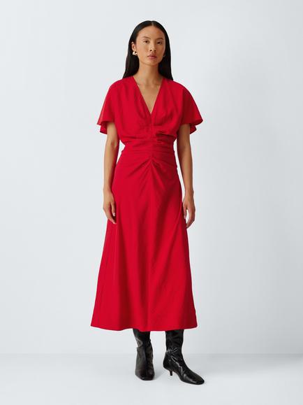 John Lewis Ruched Front Short Sleeve Midi Dress, Red, Red