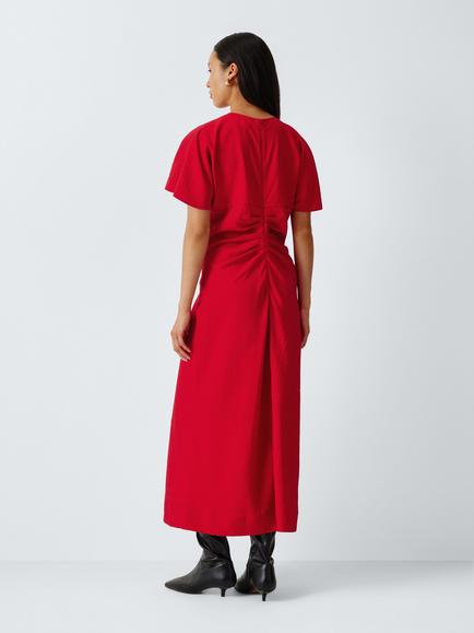 John Lewis Ruched Front Short Sleeve Midi Dress, Red - view 2, Red