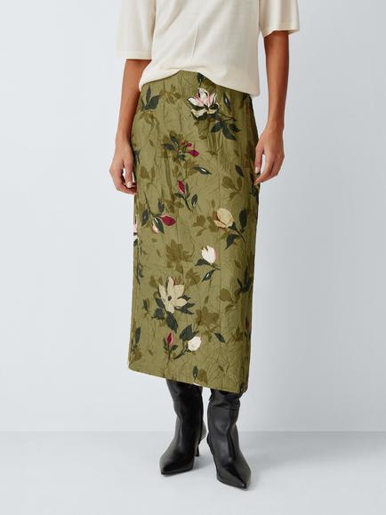 John Lewis Floral Print Midi Column Skirt, Green, Green Print