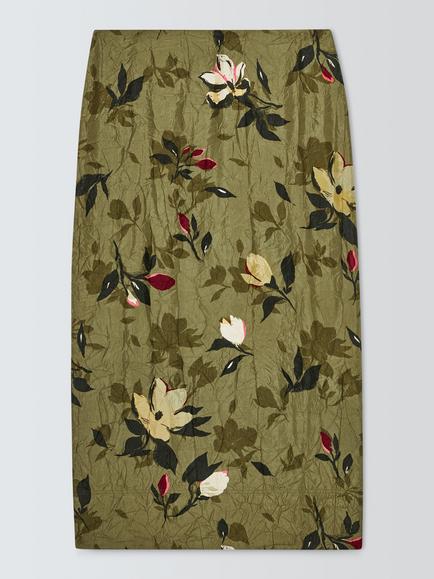 John Lewis Floral Print Midi Column Skirt, Green, Green Print