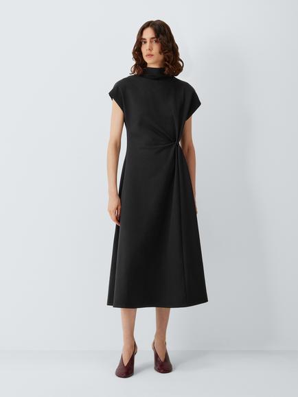 John Lewis Twist Detail High Neck Cotton Midi Dress, Black, Black