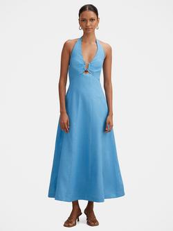 Forever New Angie Linen Petite Halter Neck Midi Dress, Blue Lemonade, Blue Lemonade