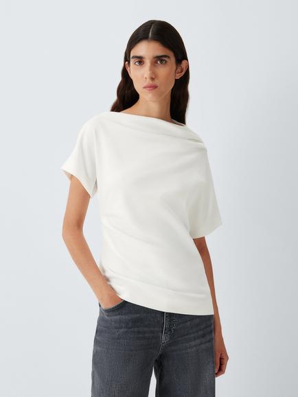 John Lewis Asymmetric Short Sleeve Cotton Top, White, White