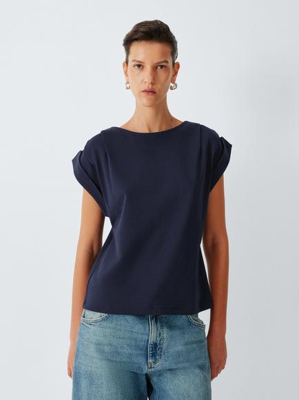 John Lewis Pleat Shoulder Cotton Top, Navy, Navy