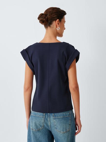 John Lewis Pleat Shoulder Cotton Top, Navy - view 2, Navy